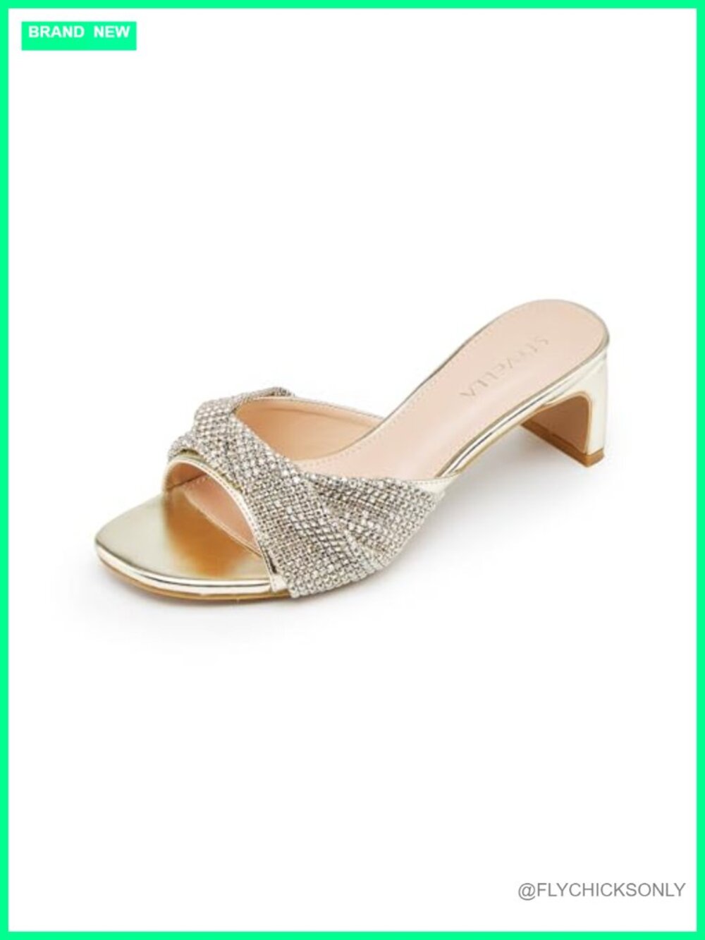 Rhinestone Mesh Knotted Slide Block Heel Sandals Open Toe Faux Leather Formal